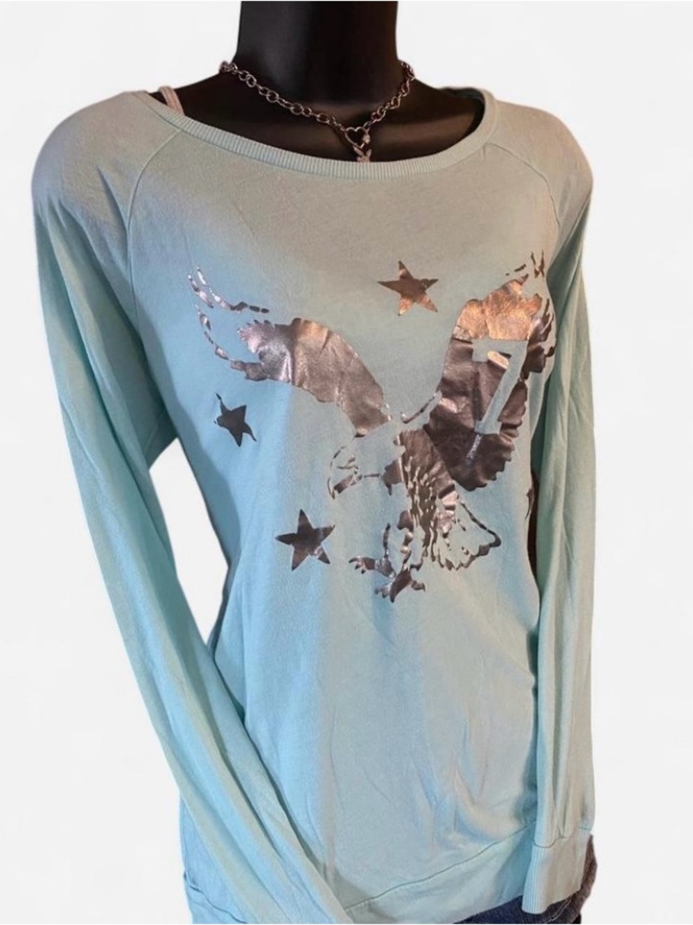Y2k American Eagle Teal & Silver  ‘Favorite T’ Longsleeve Top